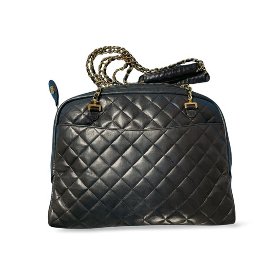 Vintage CHANEL Black Lamb Leather Large Bag With Double Golden