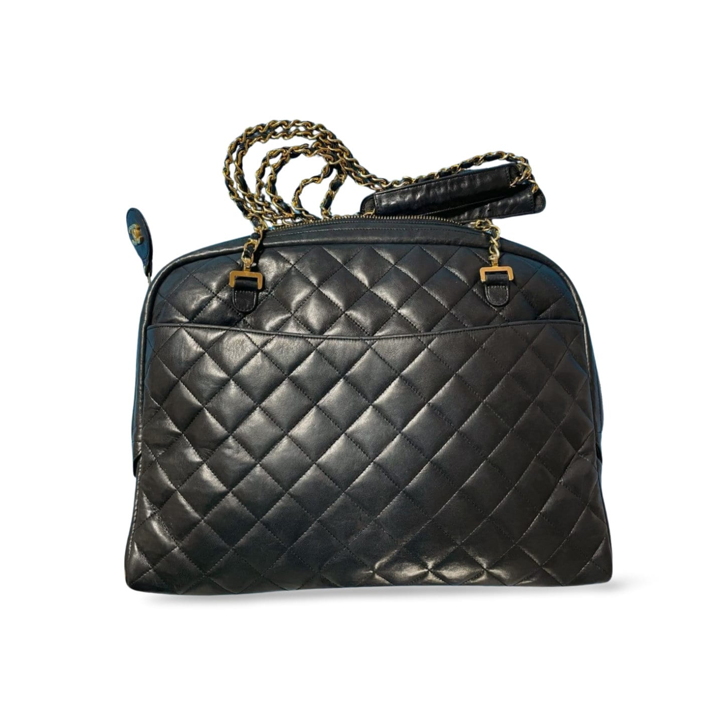 Vintage CHANEL Black Lamb Leather Large Bag With Double Golden