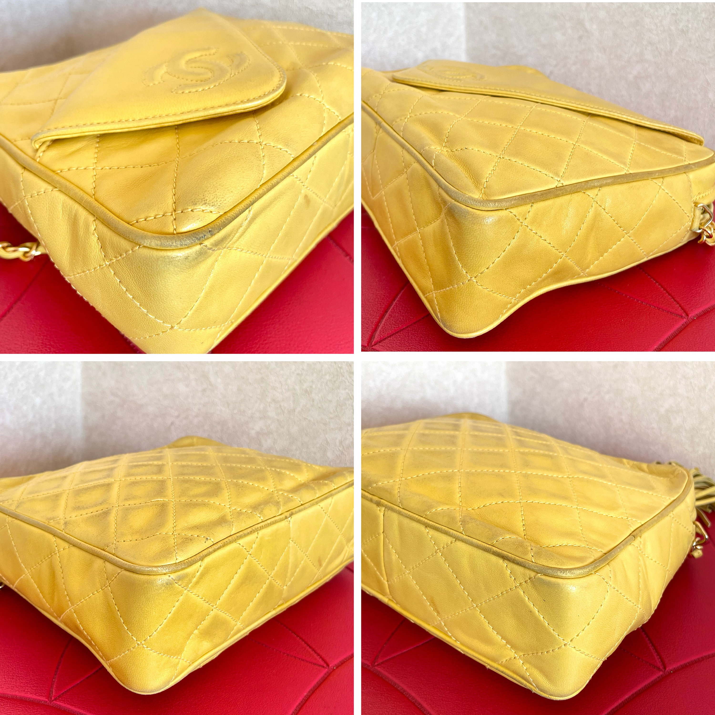 追跡【VINTAGE】Chanel AP2611 Yellow Caviar Skin Crossbody Vintage CHANEL Yellow Lambskin Camera Type Chain Shoulder