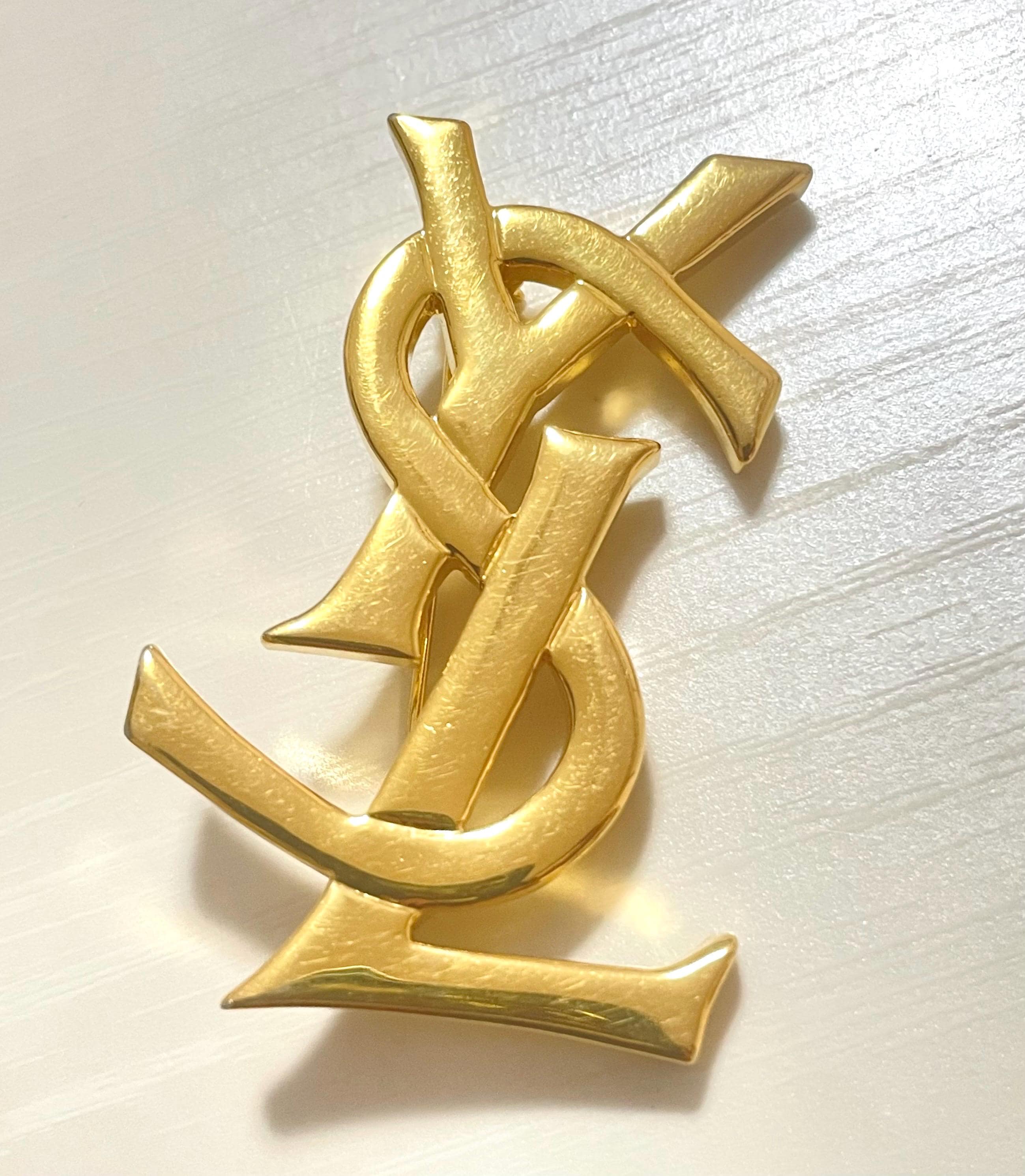 Vintage 1990s Yves Saint Laurent YSL Logo Gold-tone Brooch Pin