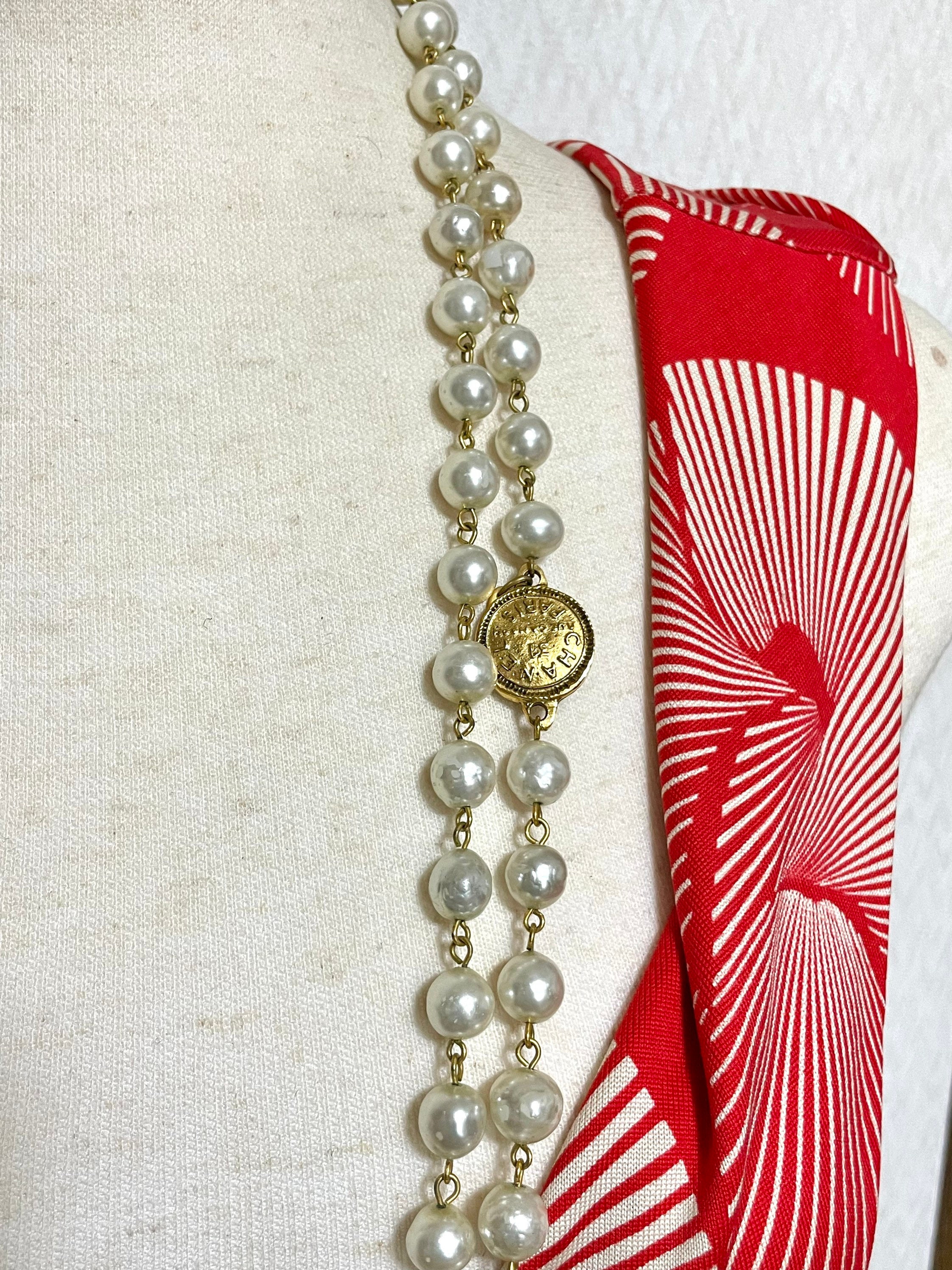 Vintage CHANEL Faux Pearl Necklace Extra Long Necklace With 