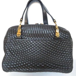 Vintage BALLY black quilted lambskin handbag, shoulder purse with golden B logo chains. 070526k4ys