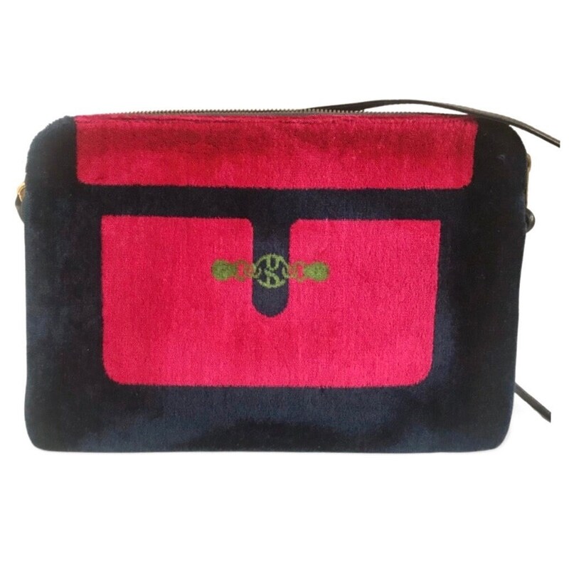 Pochette Vintage ROBERTA DI CAMERINO – Velours Vert Et Cuir, Dorure, Made In Italy, Neuf Sans étiquette