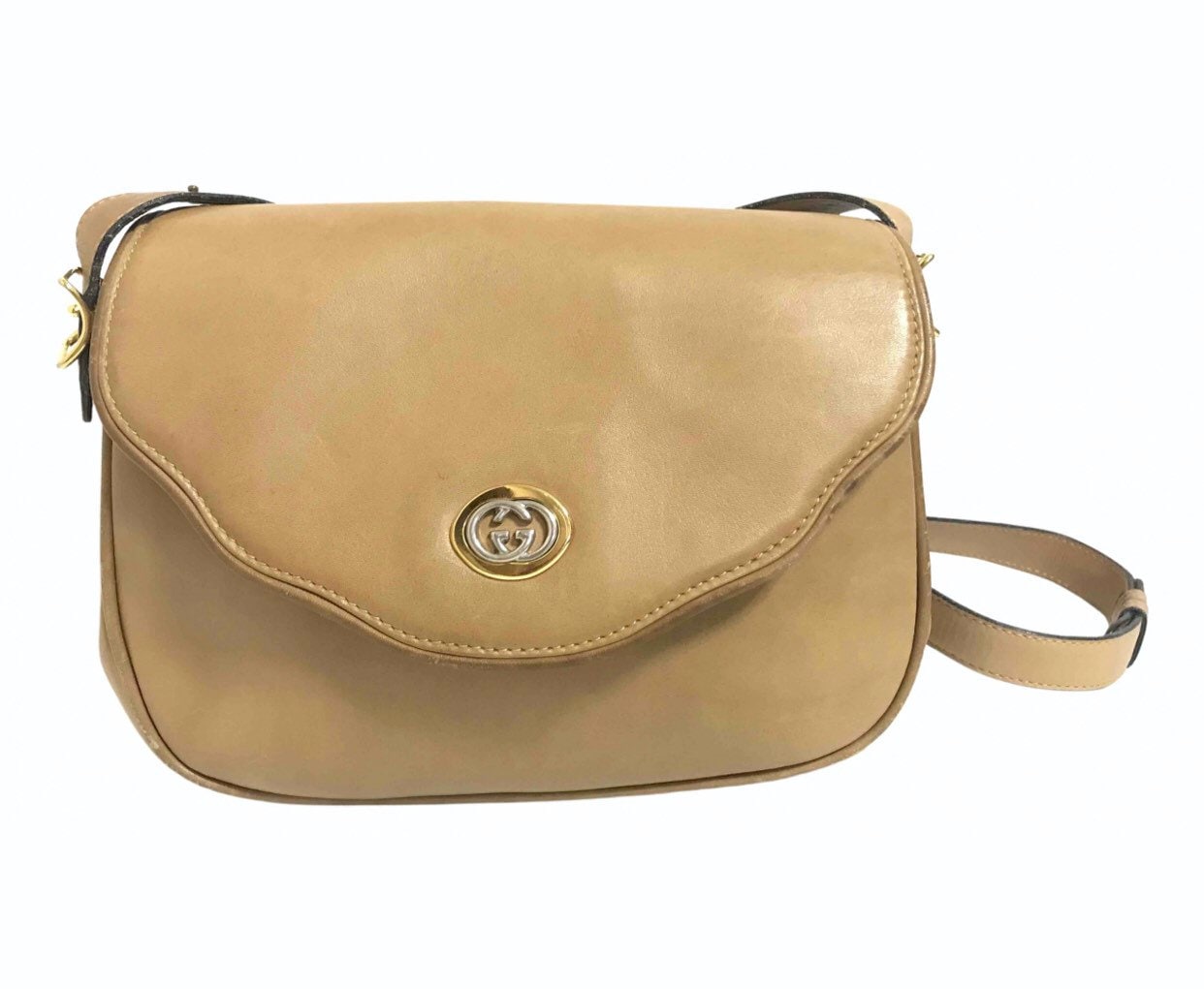 Vintage Nude Brown Leather Shoulder Bag With Golden and - Etsy