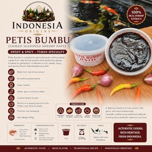 Puede incluir: Un recipiente de 250g de Petis Bumbu de Indonesia Origins, una pasta de camarones cocida y sazonada de color marrón oscuro. El envase incluye el texto 'Petis Bumbu' y '100% Real Shrimp Extract'. Chalotas y chiles frescos están dispuestos cerca.