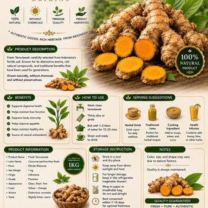 May include: An informational graphic about Temulawak, featuring images of fresh Curcuma xanthorrhiza rhizomes with bright orange interiors. The layout includes sections for product description, benefits, usage, storage, and origin, all labelled with text.