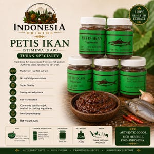 May include: Five small glass jars with white lids containing dark brown Petis Ikan fish paste, labelled with green stickers. A wooden bowl holds a portion of the paste, accompanied by a whole fish, a garlic clove, and two small red chilli peppers.