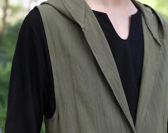 Medieval Costume Hooded Cotton Linen Vest Green Renaissance LARP Cloak Gift for LARPer Ranger Reenactment Cosplay Garb Men