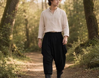 Medieval Costume Cotton Harem Pants Black Unisex LARP Viking Renaissance Faire Gift for History Lover Reenactment Trousers