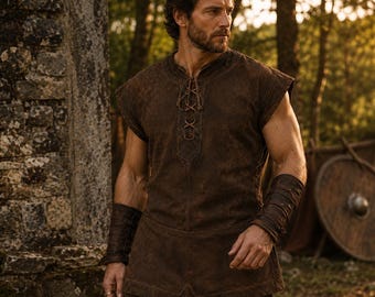 Medieval Costume Shirt Men Viking Jerkin Suede Look Renaissance Tunic Brown Gift for LARPer Nordic Faire Cosplay Warrior Top