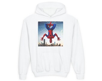 Upside Down Spider Hero Youth Hoodie | City Skyline, Web Graphic