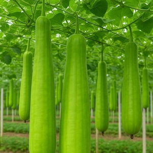 Puede incluir: Varias calabazas alargadas y cilíndricas de color verde claro cuelgan verticalmente de un sistema de enrejado verde. Las hortalizas de piel lisa están suspendidas por tallos finos, mostrando una forma uniforme y un color vibrante.