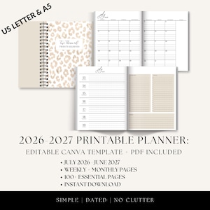 Op de afbeelding: Een printbare planner voor 2026-2027 in de formaten US Letter en A5. De planner heeft een beige kaft met luipaardprint en de tekst Two Thousand TWENTY-SIX/SEVEN, maandelijkse kalenderoverzichten en wekelijkse planningspagina's.