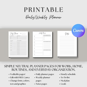 May include: A set of printable planner pages including a daily planner, a weekly planner, and a notes page. The pages feature black text on a white background with organized sections for schedules, to-do lists, meal plans, and goals.