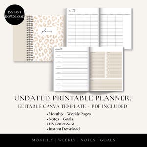 以下が含まれることがあります： ベージュと白のヒョウ柄の表紙にplannerという文字が入った、スパイラル綴じの未日付の印刷可能なプランナーテンプレート。中面には、黒インクで月間および週間のレイアウトと、メモや目標を記入するためのセクションが含まれています。
