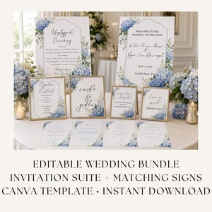 May include: A wedding stationery bundle featuring white signs and cards with blue hydrangea floral borders. The set includes large welcome signs, smaller framed signs for cocktails, cards, and dessert tables, plus various invitation and thank you cards.