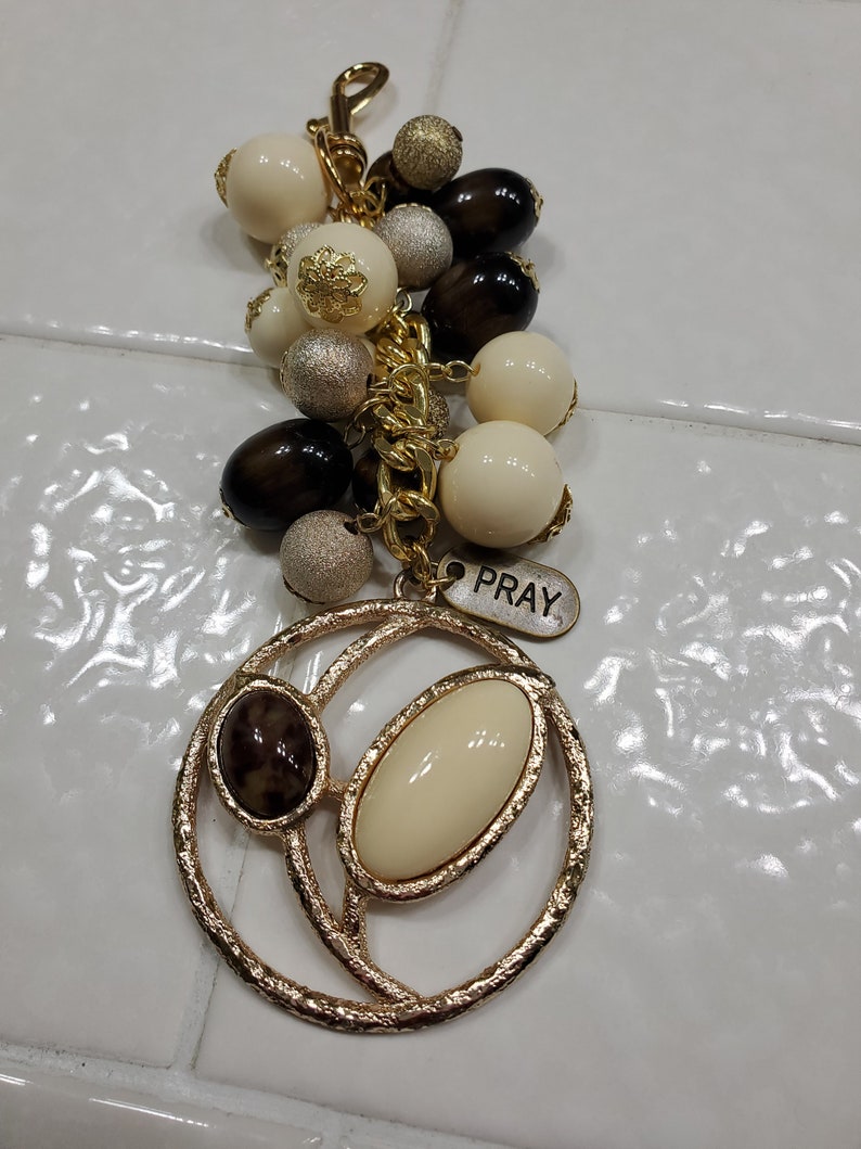 Backpack Pull Key Chain Flower Medallion in Gold Bling Purse Charm Pray is What it Says