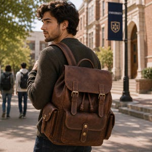 Mochila artesanal em couro legítimo de grão integral, mochila universitária vintage, bolsa escolar para laptop.
