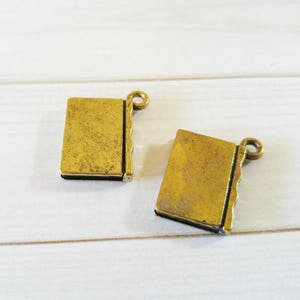 May include: Two gold-toned book charms with a textured surface. The charms have a loop at the top for attaching to a necklace or bracelet.