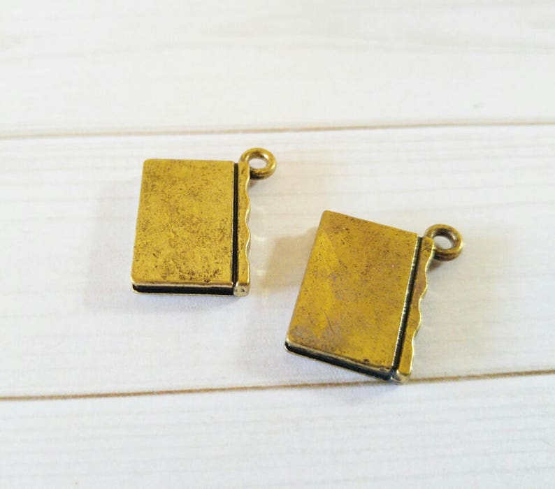 May include: Two gold-toned book charms with a textured surface. The charms have a loop at the top for attaching to a necklace or bracelet.
