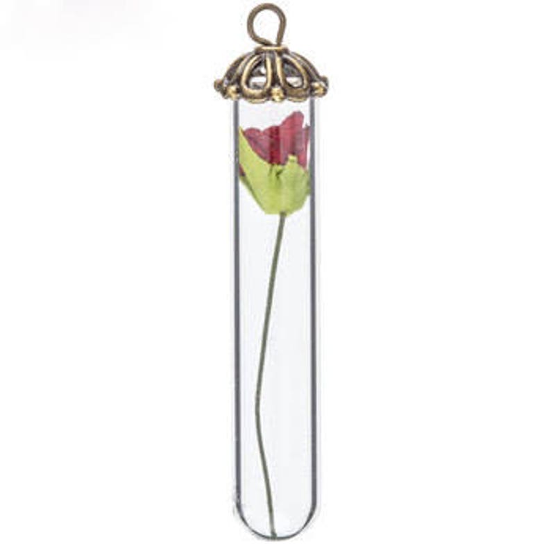 Glass Vial Pendant Flower Pendant Glass Bottle Charm Red Rose Etsy