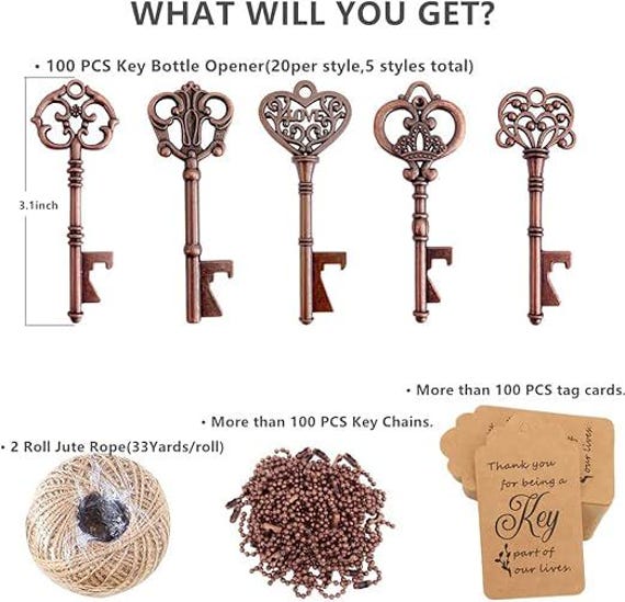 Set 50 Apribottiglie A Forma Di Chiave Scheletro Bronzo - Con Biglietti Ringraziamento E Corda Di Canapa, Per Bomboniere Matrimonio