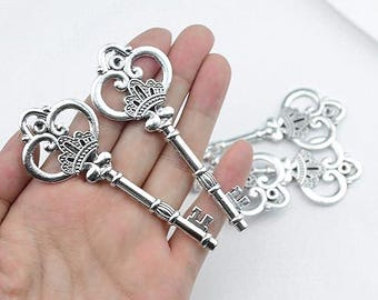 Large Skeleton Key Pendants Antiqued Silver Keys Steampunk Keys Big Key Pendants 3 inch Key 2 sided Bulk 20pcs