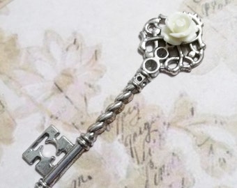 Skeleton Key Pendant Antiqued Silver Ornate Key Charm White Rose Key Wedding Key Big Key Silver Key Charm 68mm 1 piece