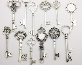 Big Key Pendants Antiqued Silver Skeleton Keys Large Key Charms Bulk Skeleton Keys Steampunk Keys Assorted Keys 12pcs