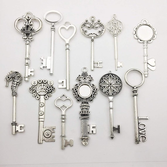 2 Large Skeleton Keys Pendants Steampunk Keys Antiqued Silver 68mm 