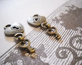Heart Charms Heart Lock Charms Antiqued Bronze Heart Pendants Heart Lock and Key Charms Key To My Heart Charms 2 pieces