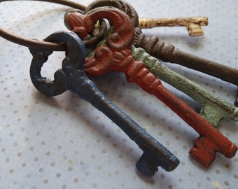 Cast Iron Keys Large Skeleton Keys with Ring Jailers Keys Castle Keys Colorful Keys 5 keys Unique Heavyweight Keys 3-6" PREORDER