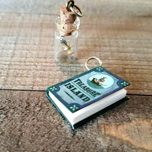 Fairy Tale Book Charms Miniature Book Charms Treasure Island Charm Glass Vial Charm Message In a Bottle Pirate Charms Nautical Charms