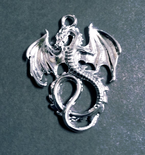 Dragon Pendant Antique Gold Tone Dragon Charm Medieval Fairy Tale 2 sided