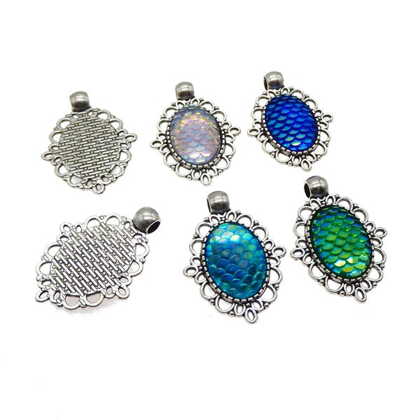 Mermaid Scale Pendants Mermaid Pendants Antiqued Silver Mermaid Scale Charms Oval Mermaid Scales Assorted Charms Set BULK Charms 50pcs