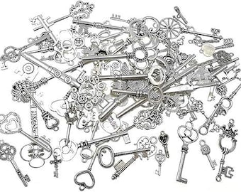 Big Key Pendants Antiqued Silver Skeleton Keys Large Key Charms Bulk Skeleton Keys Steampunk Keys Assorted Keys 80pcs