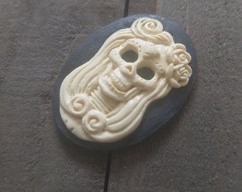 Skeleton Cameo Cabochons Black Cream Resin Oval Flat Back 40x30 Halloween Female Skeleton Cabochon Lolita