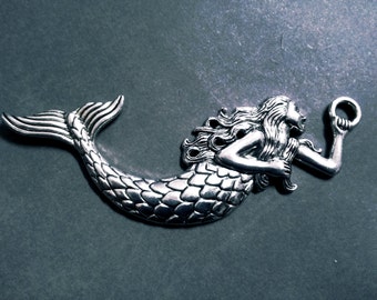 Mermaid Charm Mermaid Pendant Antiqued Silver Mermaid Fairy Tale Pendant Mythical Charm 3" 1 piece Large Focal Pendant Ornate
