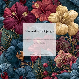 May include: A digital pattern featuring dark blue foliage with gold veins, deep red hibiscus flowers, golden yellow hibiscus, and spotted purple orchids. Text reads: Maximalist Dark Jungle, High Resolution - Seamless Pattern- 300 DPI, 6-Piece Bundle, Instant Digital Download.