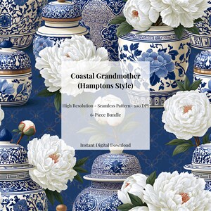 Puede incluir: Un patrón digital sin costuras con tarros de jengibre de porcelana azul y blanca y grandes peonías blancas sobre un fondo azul oscuro. El texto dice Coastal Grandmother (Hamptons Style), High Resolution - Seamless Pattern- 300 DPI, 6-Piece Bundle, Instant Digital Download.