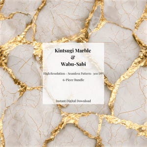 Può includere: Un grafico digitale che presenta un motivo in marmo bianco con crepe color oro. Una sovrapposizione bianca centrale contiene il testo: Kintsugi Marble & Wabu-Sabi, High Resolution - Seamless Pattern- 300 DPI, 6-Piece Bundle, Instant Digital Download.