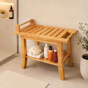 Bamboo Shower Bench, Bath Seat with Storage Shelf, Waterproof Spa Stool
