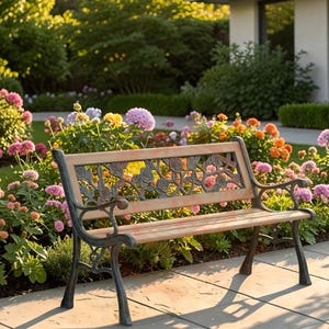 May include: A garden bench featuring a light-coloured wooden seat and backrest, supported by a dark, ornate metal frame. The backrest includes a decorative metal insert with a detailed pattern of sculpted roses and winding vines.
