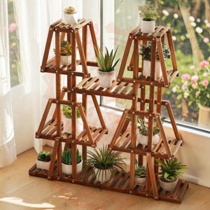 May include: A multi-tiered wooden plant stand with a dark brown finish, featuring several interconnected triangular frames and horizontal slats. The stand holds eleven potted plants of various sizes, including succulents and leafy green foliage.