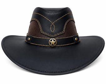 Black Genuine Leather Cowboy Hat, Wide Brim Western Ranch Style