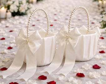 2pcs Flower Girl Petal Basket Set, Large Bow Pearl Handle Basket, Solid Color Wedding Flower Girl Basket