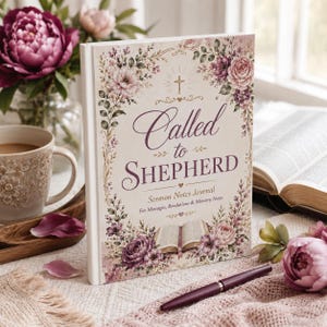 May include: A hardcover sermon notes journal titled Called to Shepherd with a cream-colored cover featuring purple and pink floral illustrations, a gold cross, and an image of an open book. The text includes For Messages, Revelations & Ministry Notes.