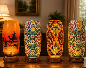 Camel Skin Art Lamp (Pack of 4) , Handmade Hand Painted Table Light, Artisan Boho Lighting, Natural Leather Lantern