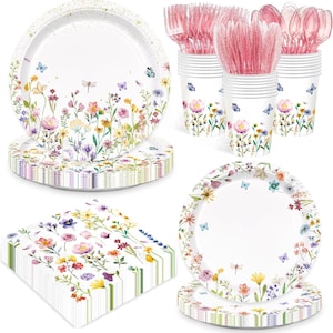 May include: A party supply set featuring white paper plates, cups, and napkins decorated with a colorful wildflower meadow print, butterflies, and dragonflies. The set includes stacks of plates, cups, and napkins, along with pink plastic cutlery.