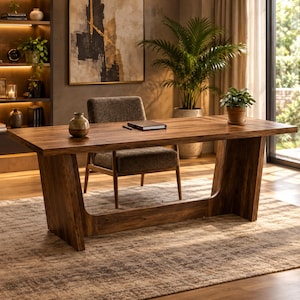 May include: A rectangular wooden desk with a natural grain finish and a solid, angled base. The desk features a smooth surface holding a small ceramic vase and a closed notebook. A dark gray upholstered chair is positioned behind the desk.